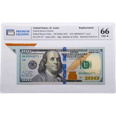 купить США 100 долларов Series 2021 "серия замещения, брак бабочка в слабе PG66"