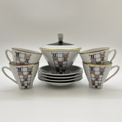 купить Набор кофейный c минималистичным геометрическим декором на 4 персоны (9 предметов: сахарница и кофейные пары), фарфор, крытье, деколь, золочение, Freiberger Porzellan, ГДР, 1957-1972 гг.