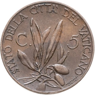 купить Ватикан 5 чентезимо (centesimi) 1930