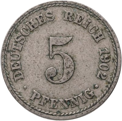 купить Германия 5 пфеннигов (pfennig) 1902, знак монетного двора: "A" - Берлин
