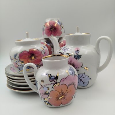 купить Сервиз чайный "Розовая ветка" на 6 персон (15 предметов), автор формы Семенов В. Л., автор росписи Блак Л. К., фарфор, роспись, золочение, Ленинградский фарфоровый завод (ЛФЗ), СССР, 1970-1991 гг.
