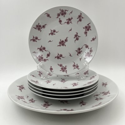 купить Набор десертных тарелок с блюдом на 5 персон, украшенный цветочным декором, фарфор, деколь, Lichte Porzellan (Лихте), ГДР, 1966-1985 гг.