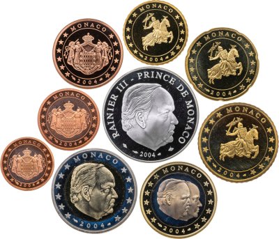 купить Монако 2004 набор из 8-ми монет PROOF и 5 евро 2004 "Князь Ренье III" в футляре с сертификатом