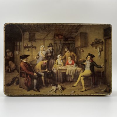 купить Коробка подарочная (с ключом) Jacoues SuperChocolat, украшенная хромолитографией картины Жана-Батиста Маду "Вопрос судьбы", металл, Бельгия, 1920-1950 гг.