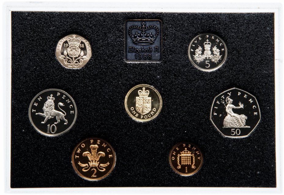 купить Великобритания набор монет 1988 (7 монет + жетон в футляре, с сертификатом)
