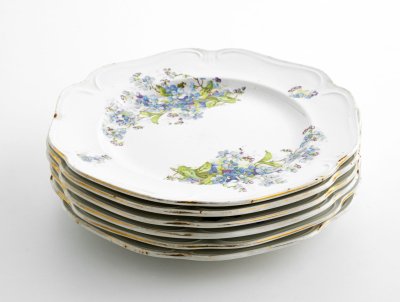 купить Набор обеденных тарелок с декором в виде незабудок на 6 персоны, фаянс, деколь, золочение, Товарищество М.С. Кузнецова, Российская империя, 1889-1917 гг.