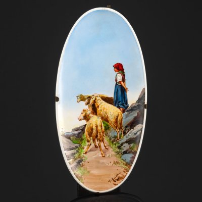 купить Панно настенное "Девочка, пасущая овец", художник Giuseppe Bertini (1825-1898 гг.), Società Ceramica Richard, фаянс, роспись, металл, Италия, 1870-1896 гг.