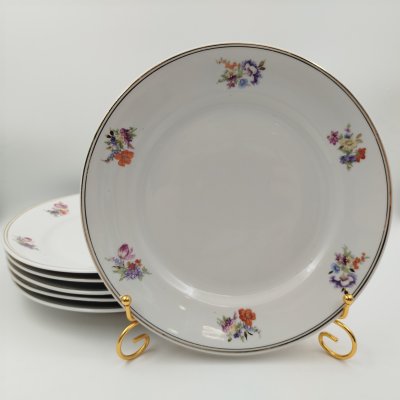купить Комплект из 6-ти обеденных тарелок, украшенных цветочным декором, фарфор, деколь, золочение, Дулевский фарфоровый завод (Дулёво), СССР, 1954 г.