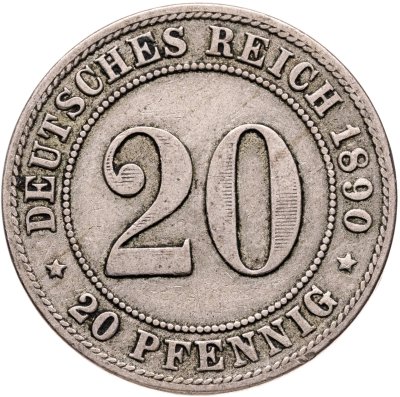 купить Германия 20 пфеннигов (pfennig) 1890, знак монетного двора: "F" - Штутгарт