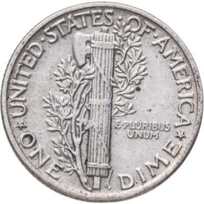 Купить США 10 центов (дайм, one dime) 1945  Mercury Dime (дайм «Меркурий») без обозначения монетного двора