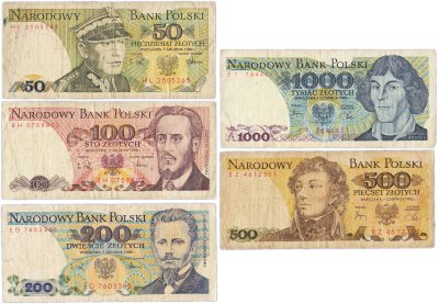 купить Польша набор из 5 банкнот 50, 100, 200, 500, 1000 злотых 1982-1988