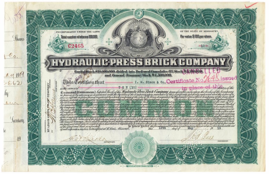 купить Акция США HYDRAULIC- PRESS BRICK COMPANY 1919 г.
