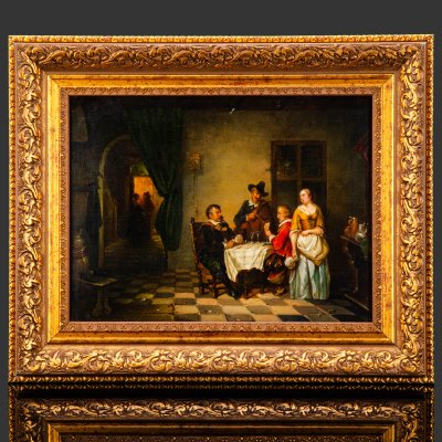 купить Картина в раме "Карточная игра", выполненная в стиле фламандской школы живописи, неизвестный художник, дерево, масло, композитный материал (рама), Западная Европа, 1880-1910 гг.