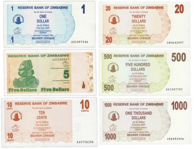 купить Зимбабве набор из 6 банкнот 1, 5, 10, 20, 500, 1000 долларов 2006-2007 ПРЕСС