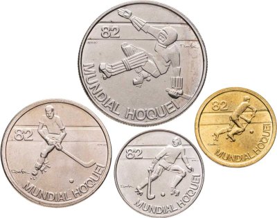 купить Португалия, комплект из 4 памятных монет 1, 2,5, 5 и 25 эскудо 1982 Чемпионат мира по хоккею на роликах