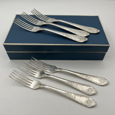 купить Набор из шести десертных вилок с растительным декором, мНЦ (медь-никель-цинк), картон, Вольнянский завод столовых приборов им. Шевченко (ЗiШ, ЗиШ), СССР, 1960-1990 гг.