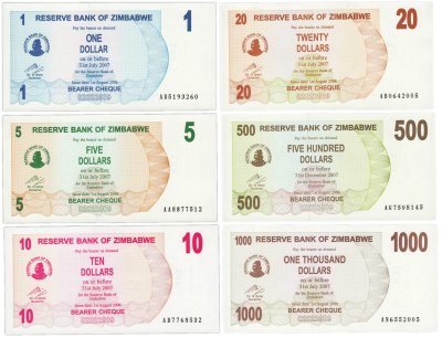 купить Зимбабве набор из 6 банкнот 1, 5, 10, 20, 500, 1000 долларов 2006-2007 ПРЕСС