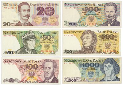 купить Польша набор из 6 банкнот 20, 50, 100, 200, 500, 1000 злотых 1982-1988 гг.