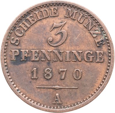 купить Германия, Пруссия 3 пфеннига 1870, знак монетного двора: "A" - Берлин