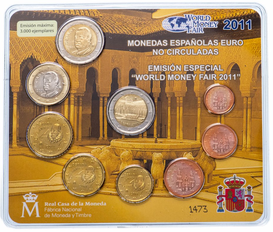 купить Испания 2011 официальный набор евро из 9 монет в блистере "Выставка World Money Fair"