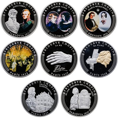 купить Андорра 10 динеров 2009 набор из 8-ми монет "Фредерик Шопен ", в футляре с сертификатом