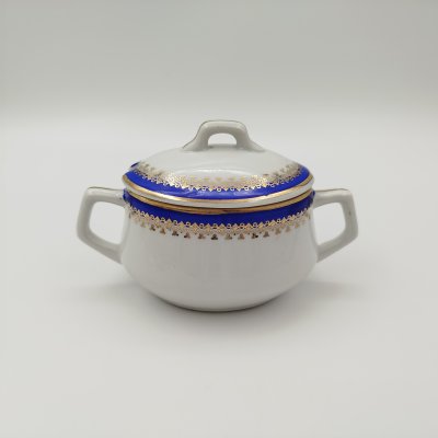 купить Горчичница, украшенная синим кантом и орнаментом [клеймо ГЛАВВОЕНТОРГ], фарфор, золочение, Дулевский фарфоровый завод (Дулёво), СССР, 1953 г.