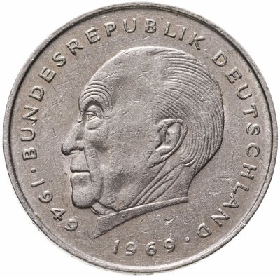 Купить Германия 2 марки 1977 F Конрад Аденауэр, 20 лет Федеративной Республике (1949-1969) знак монетного двора: "F" - Штутгарт
