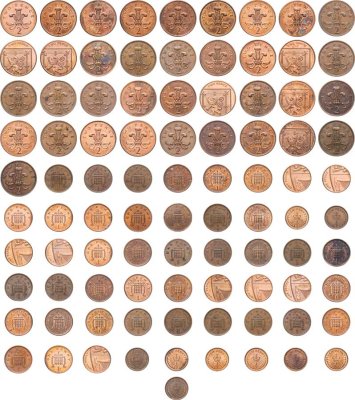 купить Великобритания набор из 91 монеты: 1/2, 1 пенни и 2 пенсов 1971-2015 (не по порядку, разные годы)