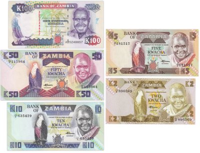 купить Замбия набор 5 банкнот 2, 5, 10, 50, 100 квача 1980-2010 Орлан и Кеннет Каунда первый президент Замбии