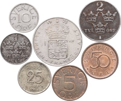 купить Швеция набор из 7 монет 1, 2, 5, 10, 25, 50 эре (ore) , 1 крона 1943-2007