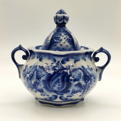 купить Сахарница (ёмкость для хранения) с цветочным декором, авт. М.В. Сысоев, р. М. Иванова, Гжель, фарфор, роспись, Российская Федерация, 2003 г.