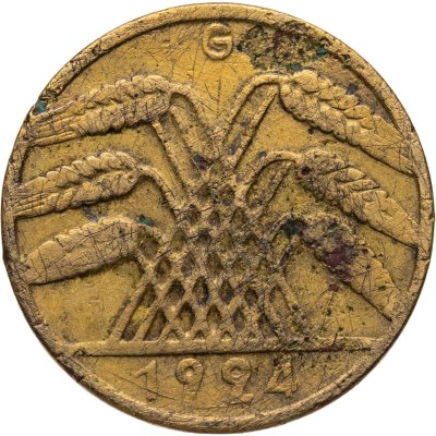 купить Германия 10 рентных пфеннигов (rentenpfennig) 1924 G знак монетного двора "G" — Карлсруэ