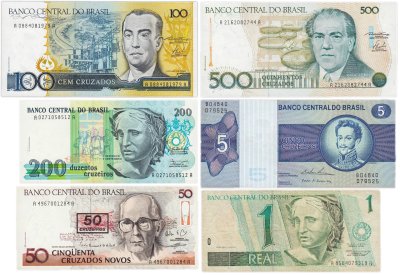 купить Бразилия набор из 6 банкнот 1 реал и 5, 5, 50, 100, 200, 500 крузадо 1988 - 1990