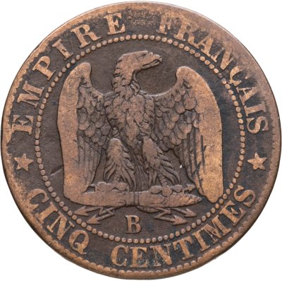 купить Франция 5 сантимов (centimes) 1855 B знак монетного двора: "B" - Руан