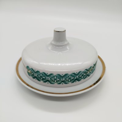 купить Маслёнка круглой формы с орнаментом, фарфор, деколь, золочение, Дулевский фарфоровый завод (Дулёво), СССР, 1968-1991 гг.