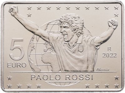 купить Италия 5 евро 2022 "Футбол 40 лет победы Италии на чемпионате мира - Паоло Росси" в футляре с сертификатом