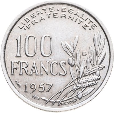 купить Франция 100 франков (francs) 1957 B знак монетного двора: "B" - Бомон-ле-Роже
