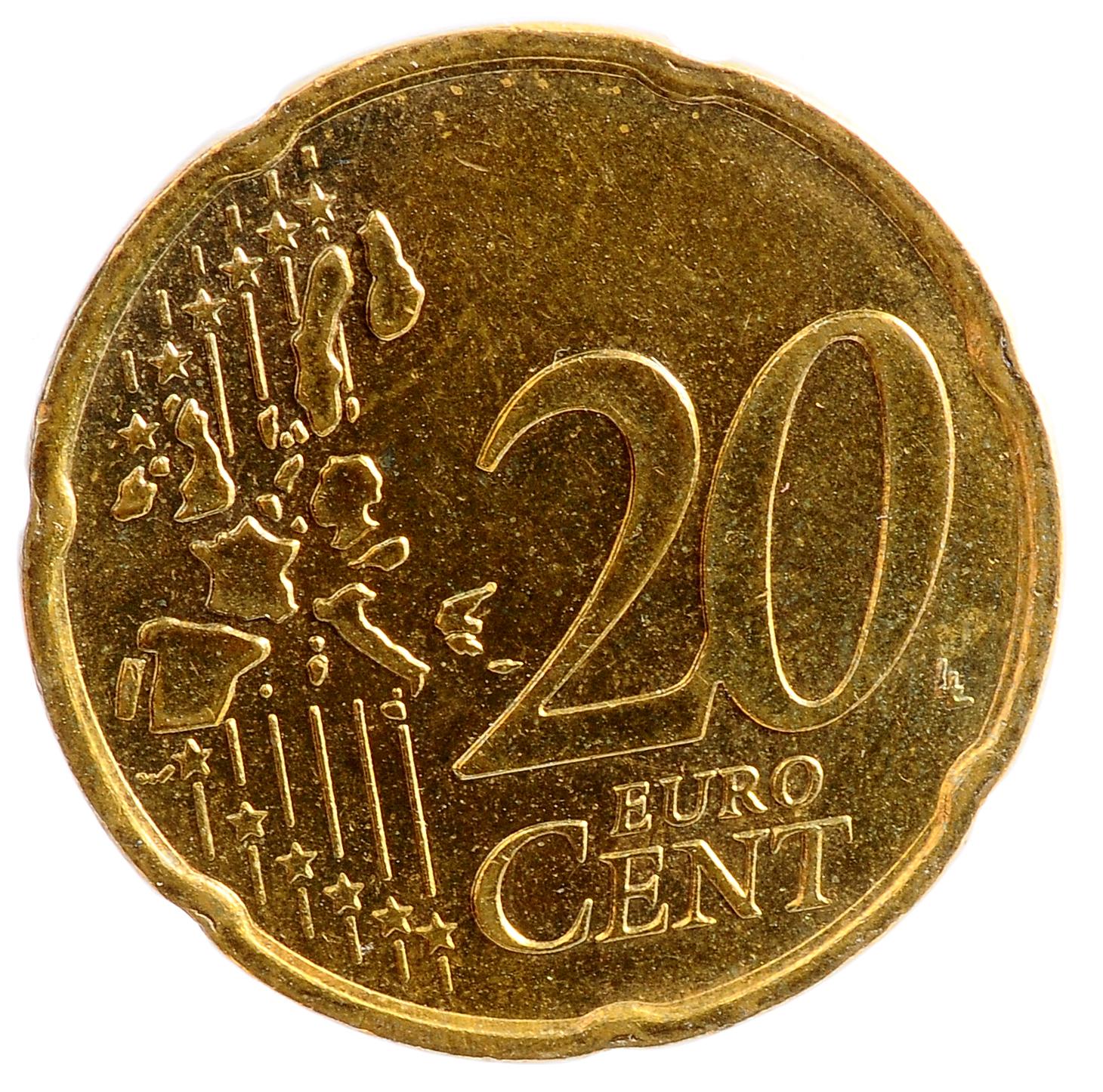 20 центов в рублях на сегодня. 20 Евроцентов Германия 2002. Монета 20 центов евро. Монетка 20 Euro Cent. 20 Евроцентов 2001.