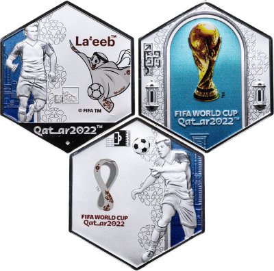 купить Набор из 3 медалей Чемпионат мира по футболу ФИФА Катар 2022 + сертификат, коробка