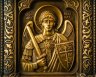 Купить Икона "Архангел Михаил" на подставке, медь, латунь, резной орнамент; в кожаном чехле, Российская Федерация, 2025 г.
