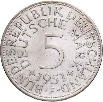 купить Германия 5 марок (deutsche mark) 1951 F знак монетного двора: "F" - Штутгарт