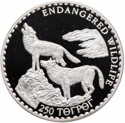 купить Монголия 250 тугриков 1992 "25 лет программе защиты окружающей среды - Волки"