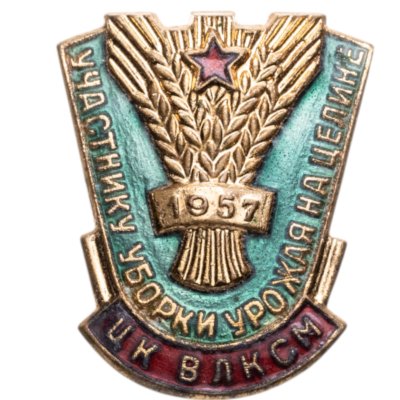 Купить Нагрудный знак ЦК ВЛКСМ участнику уборки урожая на целине 1957 г., латунь, эмаль, булавка. СССР, ММД, 1950-е гг.