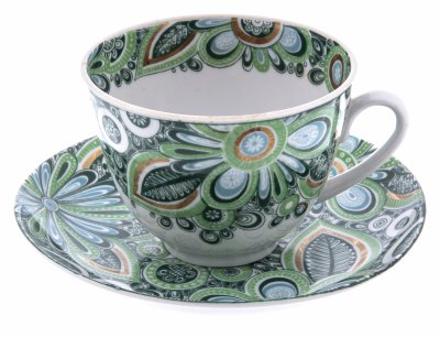 Купить Чайная пара с зеленым декором, фарфор, деколь, золочение, ЛФЗ, СССР, 1960-1970 гг.