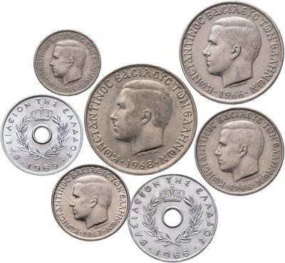 купить Греция набор из 7 монет (10, 20 и 50 лепт 1, 2 , 5 и 10 драхм) 1966 - 1970 год - король Константин II