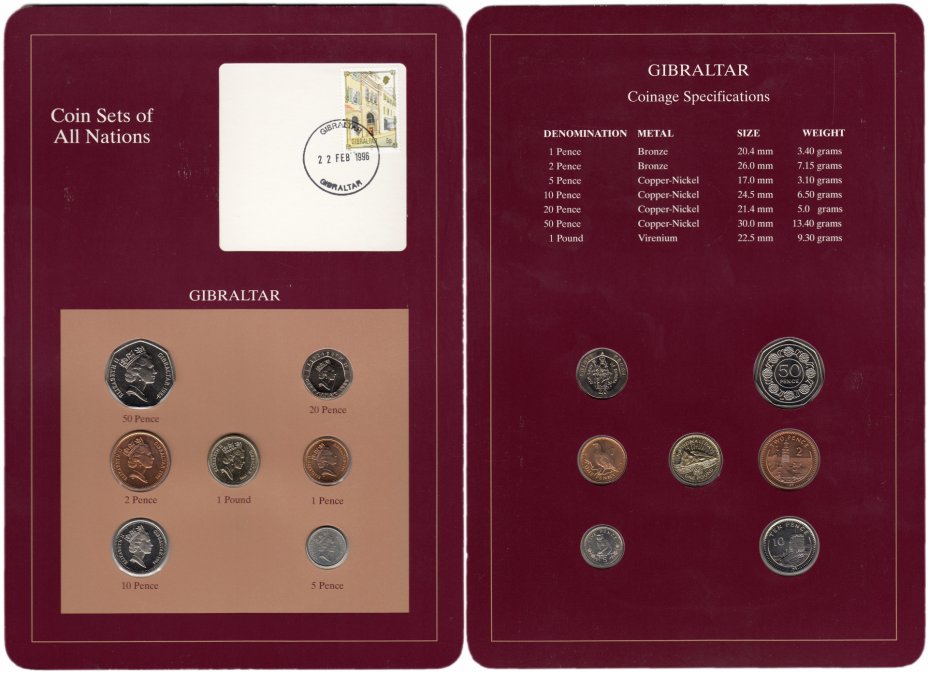купить Серия "Наборы монет всех стран мира" - Гибралтар (набор из 7 монет и 1 марки в буклете)