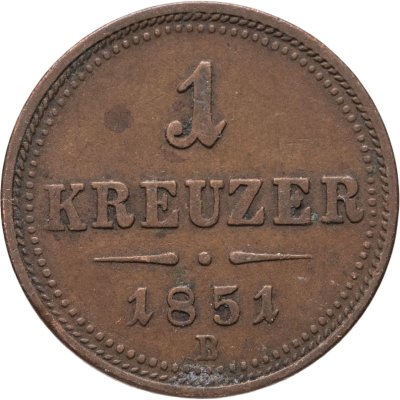 купить Австрия 1 крейцер (kreuzer) 1851, знак монетного двора "B" - Кремница