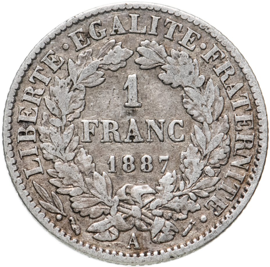 Монета Франция 1 франк (franc) 1887 стоимостью 1435 руб.