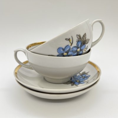 купить Набор чайных пар с цветочным декором на 2 персоны (в подборе), фарфор, деколь, золочение, Дулевский фарфоровый завод (Дулёво), СССР, 1968-1991 гг.