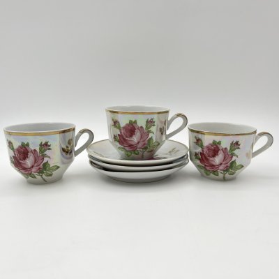 купить Набор из 3-х кофейных пар, украшенных изображением розы, фарфор, деколь, люстр, золочние, Западная Европа, 1970-1990 гг.